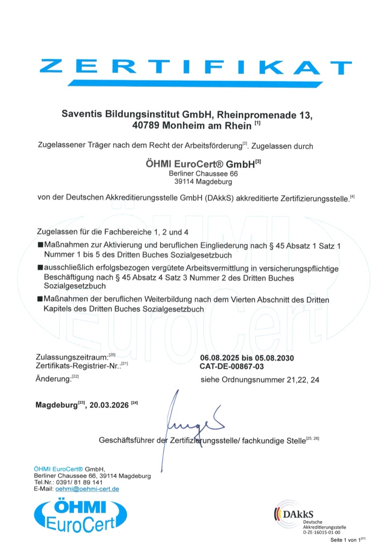AZAV-Trägerzertifikat Saventis Bildungsinstitut GmbH